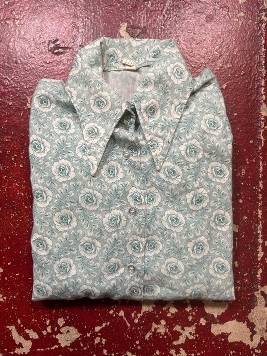 70s Green Flower Long Sleeve Button Up Shirt