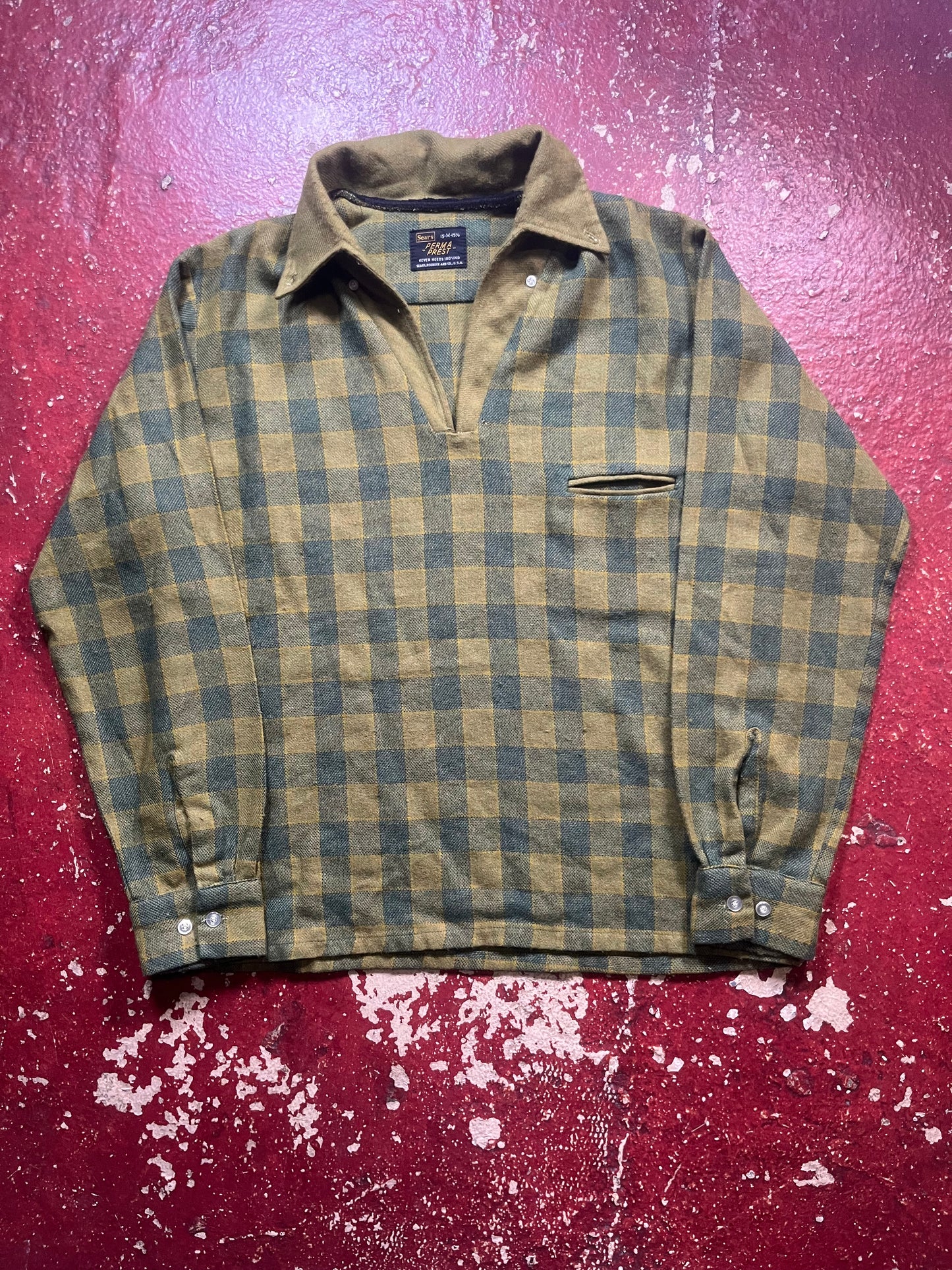 60s/70s Sears Green & Brown Long Sleeve Shirt