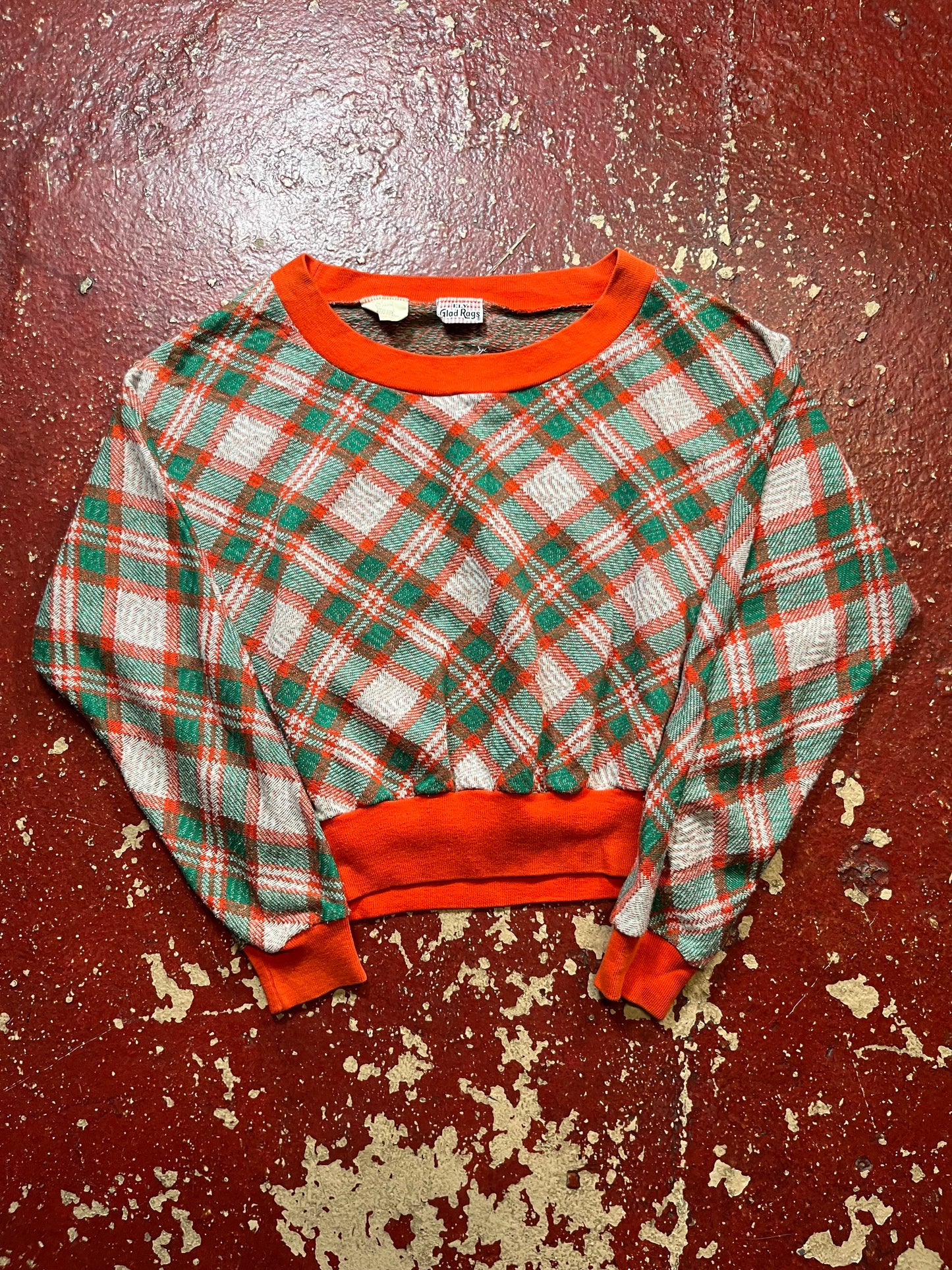 70s Ely Grad Rags Orange & Green Plaid Womens Crewneck
