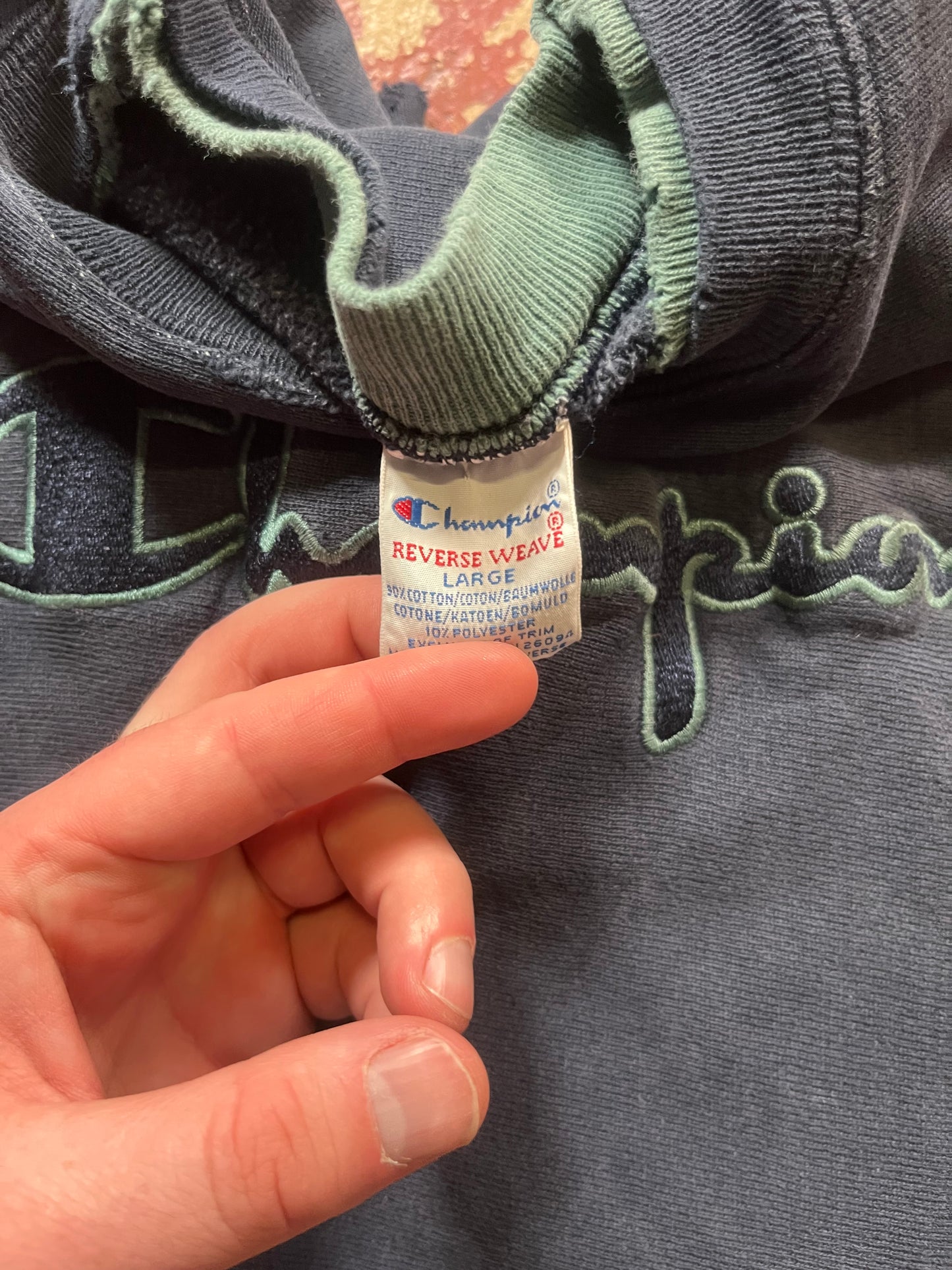 90s Champion Reverse Weave Blue & Green Spellout Crewneck