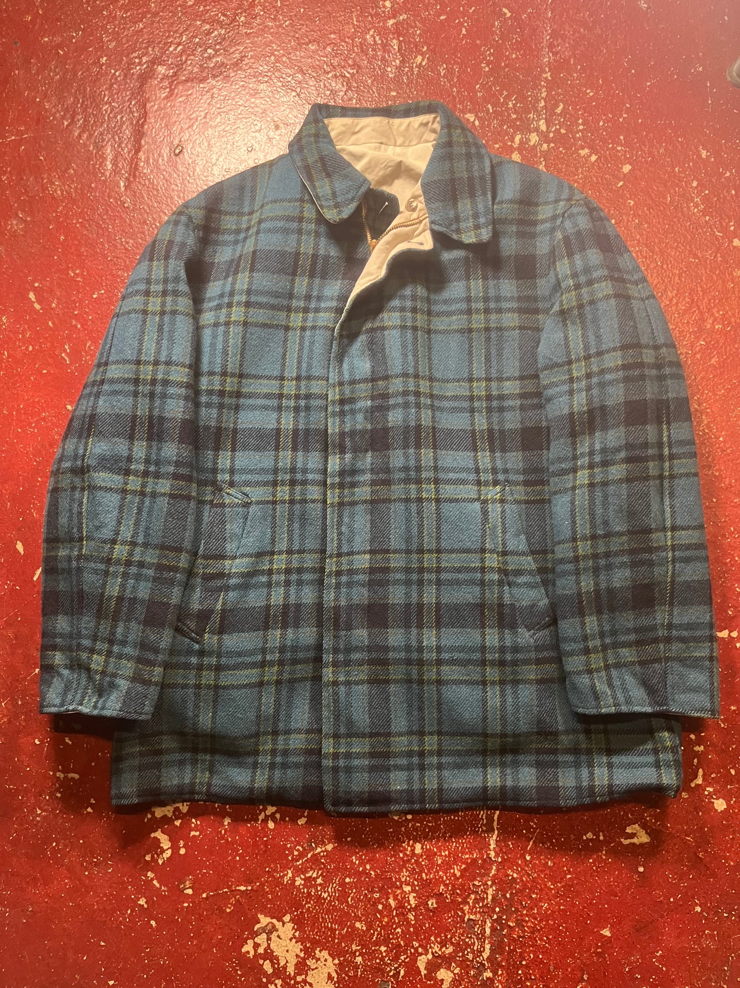 50s Blue & Green Plaid Wool Jacket