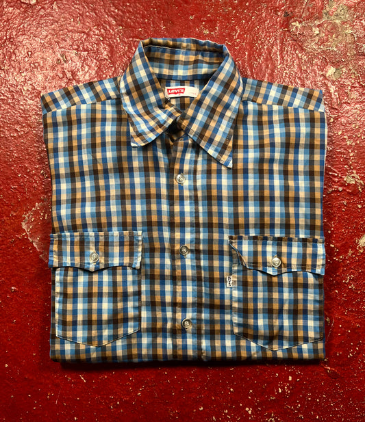 70s Levis Blue Plaid Button Up Long Sleeve